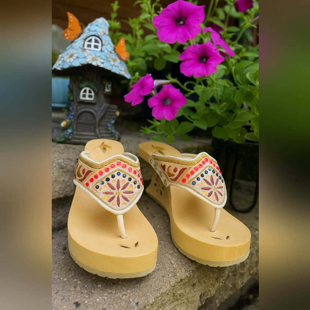 Boho Beaded & Embroidered Wedge Sandals – Size 7